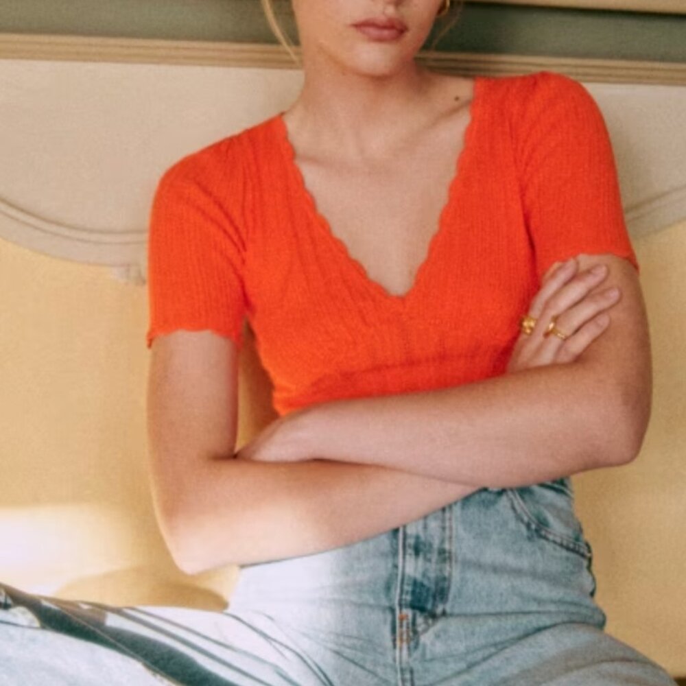 Sezane Cloe Jumper XSmall Top Short Sleeve Sweater Knit Tangerine Orange